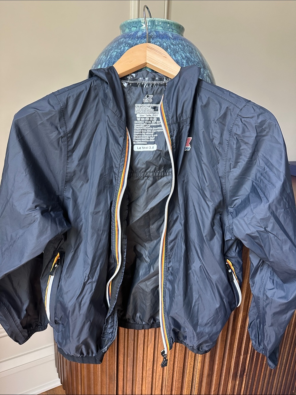 K-Way navy Hooded Windbreaker with Yellow Trim